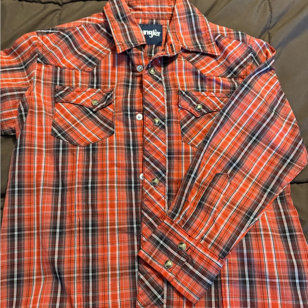 Wrangler Boys Vibrant Red and Black Plaid Shirt pearl snaps